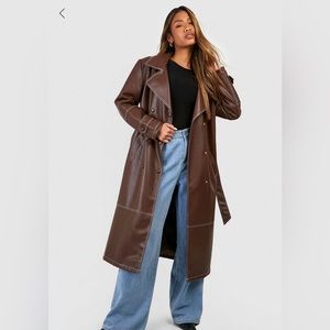 A brown leather trench coat from Boohoo